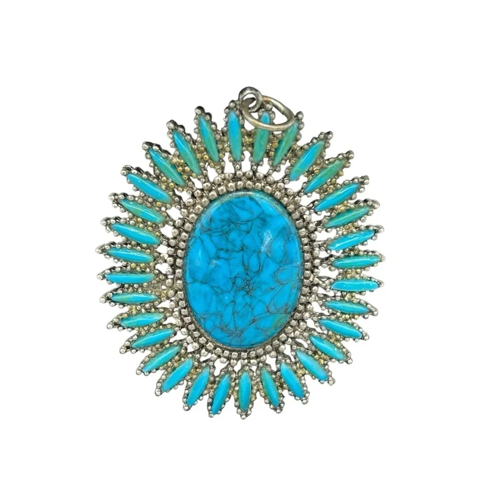 Vintage Silver Tone Turquoise Sunburst Pendant Southwestern Boho